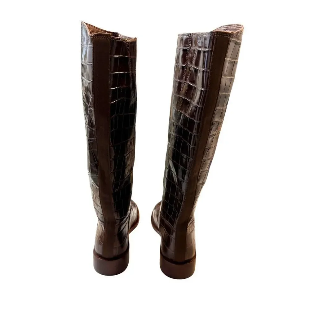 Schutz Terrance Up Brown Croc Embossed Leather Boots Size 6 New
